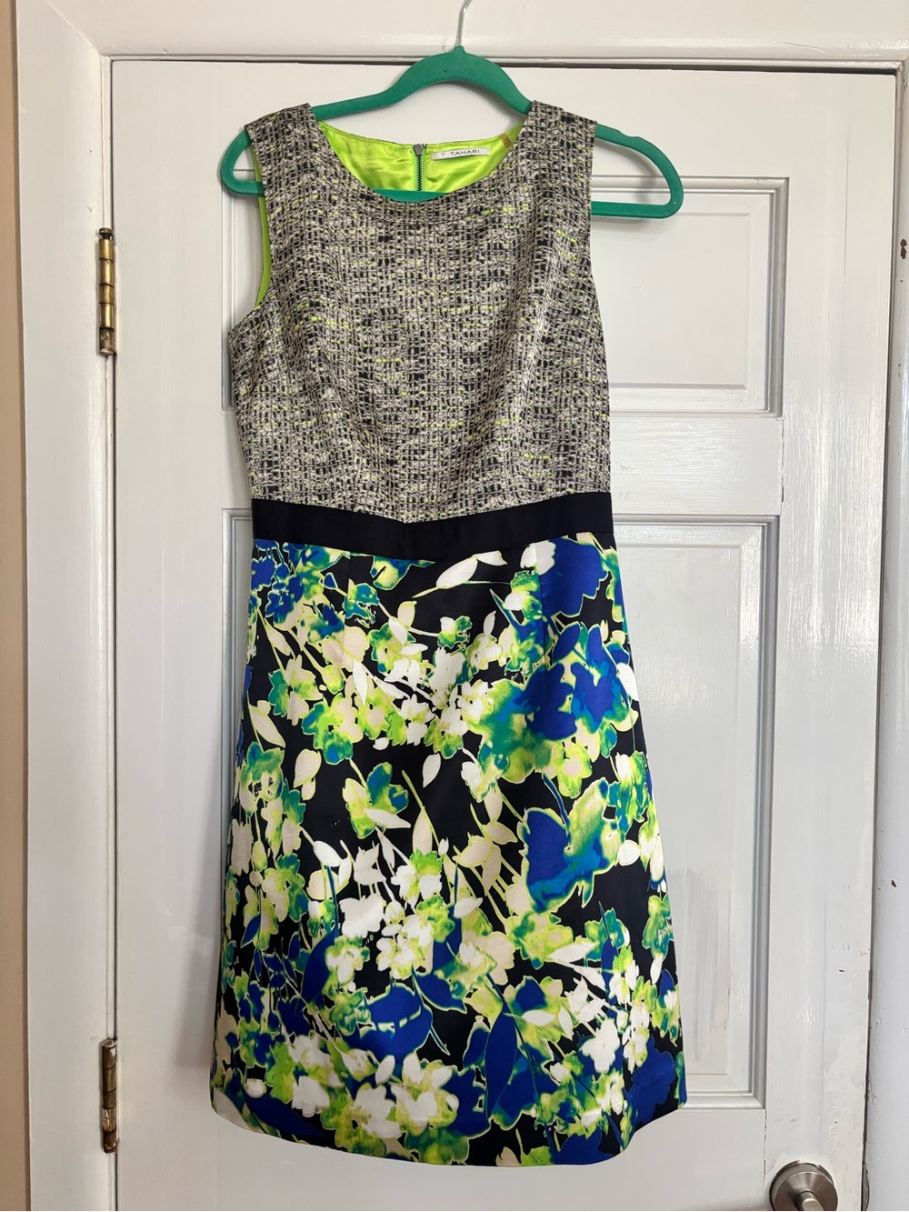 Tahari Sleeveless Floral A-Line Dress in Blue & Lime